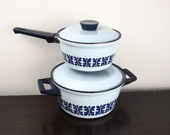 Vintage Light Blue Cathrineholm Dutch Oven and Sauce Pan Set With Navy Pattern,  Vintage Enamelware Pans With Lid and Handles, Norway