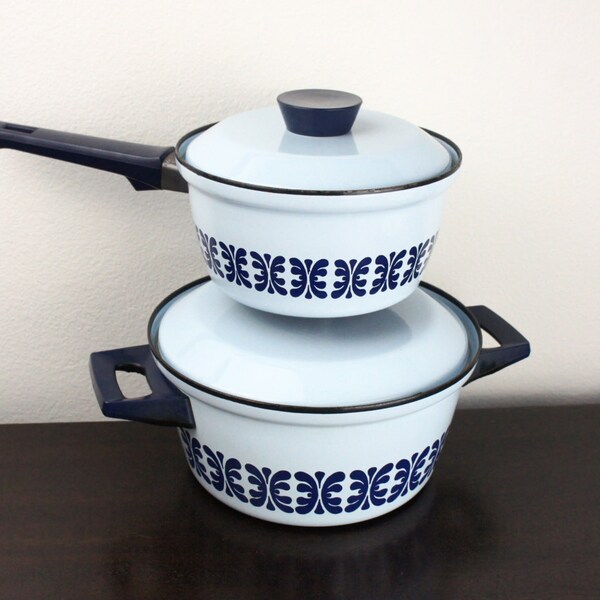 Vintage Light Blue Cathrineholm Dutch Oven and Sauce Pan Set With Navy Pattern,  Vintage Enamelware Pans With Lid and Handles, Norway
