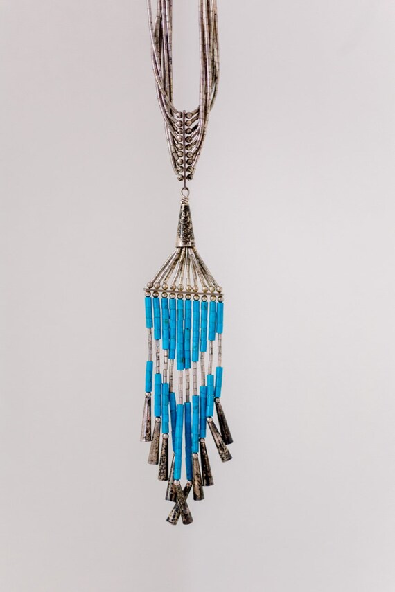 Vintage Silver and Turquoise Fringed Boho Necklac… - image 7