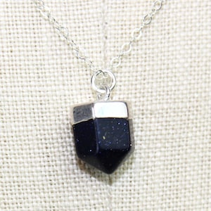 Tiny Blue Goldstone Point Pendant, Handmade Silver Short 16 Inch Necklace 450705