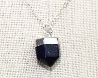 Tiny Blue Goldstone Point Pendant, Handmade Silver Short 16 Inch Necklace 450705