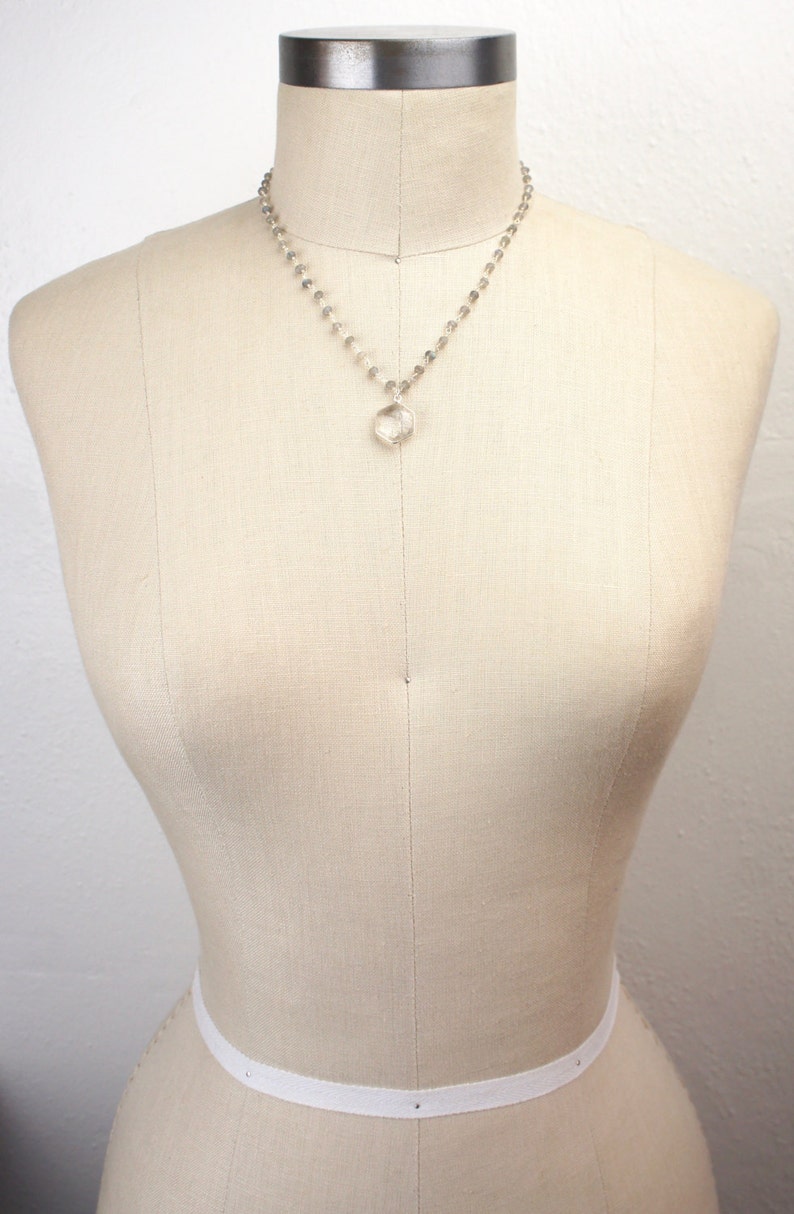 Handmade Silver Necklace 450231 Crystal Quartz Hexagon Pendant with Labradorite Beaded Sterling Chain