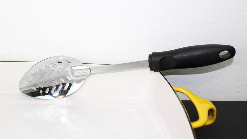 Vintage Black Handled Large Serving Spoon Steel and Plastic Cooking Utensil 310096