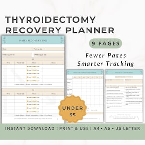 May include: A digital Thyroidectomy Recovery Planner with a daily recovery log, symptom snapshot, and red flag cheat sheet. The planner has 9 pages and is available for instant download in A4, A5, and US Letter sizes.