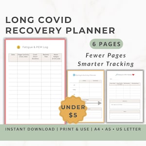 Może przedstawiać: Planer regeneracji po Long Covid z tekstem "Long Covid Recovery Planner" i "Fatigue & PEM Log". Planer zawiera 6 stron z tekstem "Fewer Pages, Smarter Tracking". Planer jest do natychmiastowego pobrania i można go wydrukować.