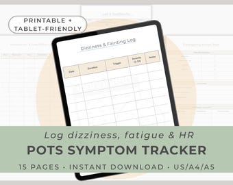 POTS Symptom & Heart Rate Tracker | Dizziness, Standing Intolerance, Hydration, BP Log (Printable / Tablet-Friendly)