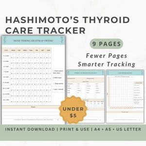 Puede incluir: Una descarga digital titulada "Hashimoto's Thyroid Care Tracker" con un mapa de calor de tiempo de dosis, un registro de energía y menor, y un gráfico de tendencias de laboratorio. El diseño incluye el texto "9 páginas, Menos páginas, Seguimiento más inteligente."