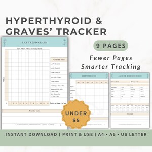 May include: A printable Hyperthyroid & Graves' Tracker with 9 pages. The design includes a lab trend graph, symptom matrix, and energy & mood log. The text includes "Fewer Pages, Smarter Tracking" and "Instant Download | Print & Use | A4 A5 US LETTER".