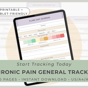 Registro general del dolor crónico / Nivel de dolor diario, factores desencadenantes, medicamentos tomados y notas de alivio (Imprimible / Compatible con tabletas)