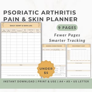 May include: A digital planner for Psoriatic Arthritis, featuring a daily joint and skin log, skin/nail change tracker, and pain intensity chart. The planner includes 9 pages and is available in A4, A5, and US Letter sizes.