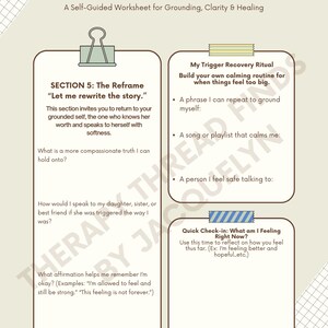 Pu&ograve; includere: Un foglio di lavoro autoguidato intitolato "Trigger Reflection Tool" per radicamento, chiarezza e guarigione. Il documento beige presenta sezioni per riformulare i pensieri, creare un rituale di recupero e un rapido check-in. Il testo &egrave; in un carattere marrone scuro.