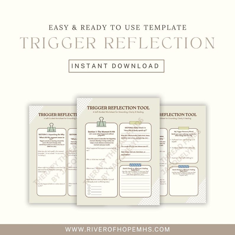 Pu&ograve; includere: Un set di fogli di lavoro stampabili intitolati "Trigger Reflection Tool" con suggerimenti per un diario autoguidato. I fogli di lavoro sono beige chiaro con testo nero e un design a clip. Il testo include "Download istantaneo".