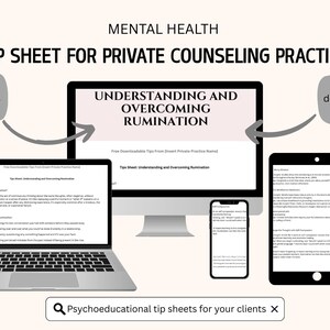 Könnte beinhalten: Ein digitales Produkt-Mockup mit einem Laptop, einem Desktop-Monitor, einem Tablet und einem Smartphone, die ein Tippblatt mit dem Titel "Verständnis und Überwindung von Grübeln" anzeigen. Der Text "MENTALE GESUNDHEIT" und "TIPPBLATT FÜR PRIVATPRAXIS-BERATUNG" stehen oben.