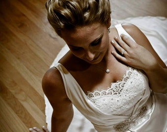 Silk Satin Back Crepe Wedding Gown with Alencon Lace and Swarovski Crystals