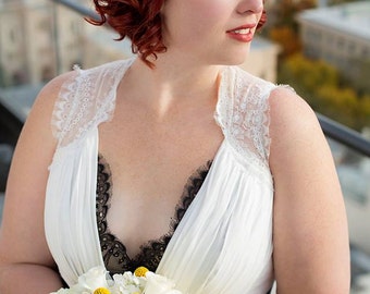 Queen Anne neckline retro style wedding gown