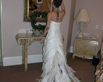 Rusched  Silk Dupioni Wedding Gown with Peacock, Ostrich Feather, and chiffon train