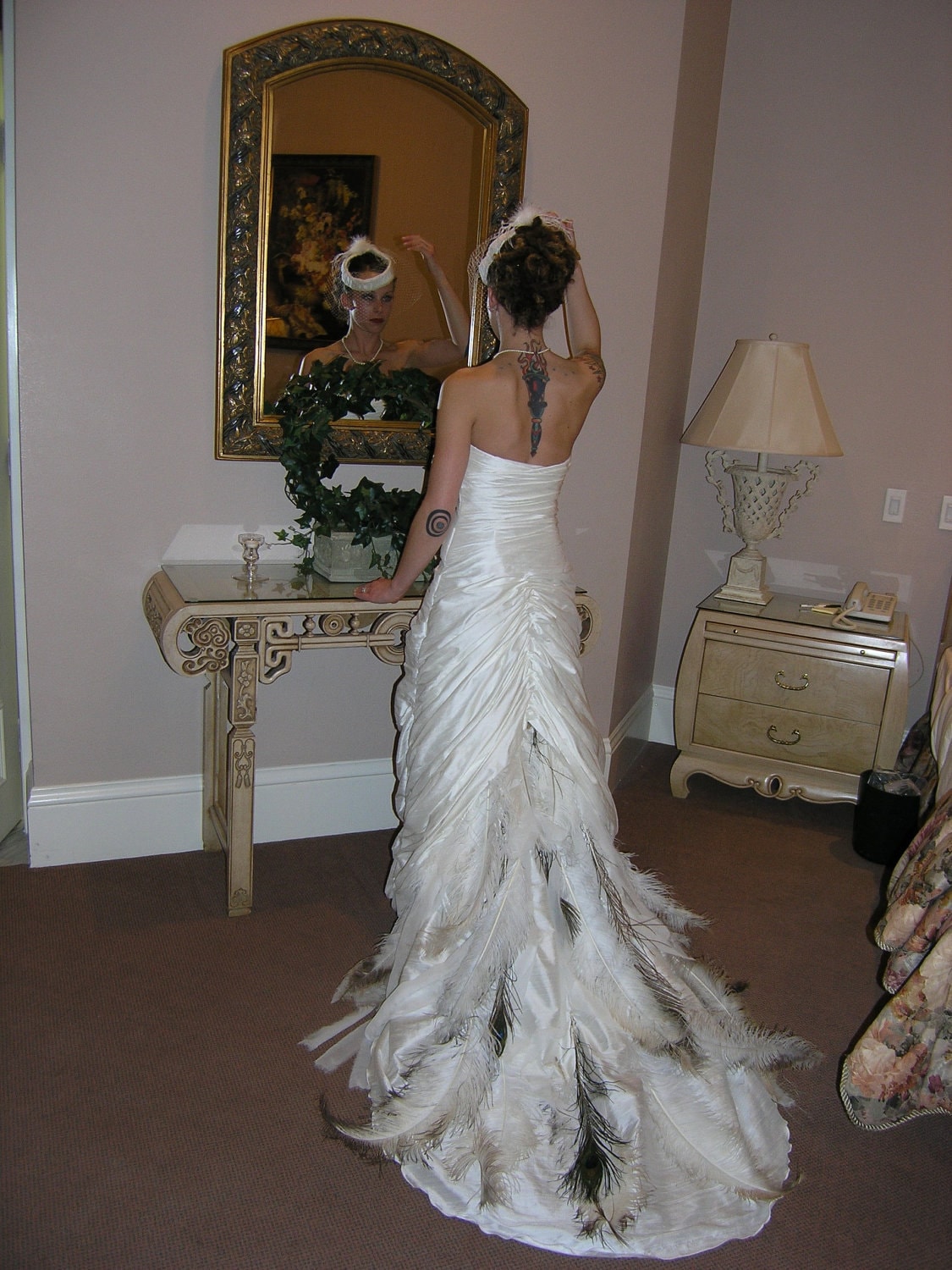 Rusched Silk Dupioni Wedding Gown With Peacock Ostrich Feather