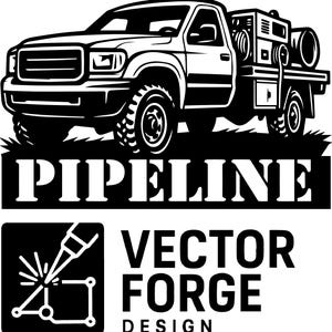 Pode incluir: Ilustração a preto e branco de uma pick-up com equipamento de soldadura na traseira. A palavra "PIPELINE" está acima da carrinha. Abaixo, um logótipo com as palavras "VECTOR FORGE DESIGN".