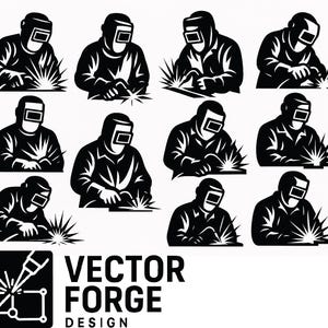 May include: Black and white vector illustrations of a welder in various poses, wearing a welding helmet and protective gear. The images show the welder working with sparks flying. The Vector Forge Design logo is in the lower left corner.