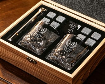 Personalised Birthday Age Glass set ,Whiskey Glass Gift set,Gifts Ideas Presents,18th 20th 30th 40th Birthday Gift for Dad,Son Birthday Gift