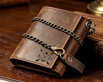 Personalized Leather Wallet with Chain,Handmade Trifold Wallet for Men,Engraved Wallet With Initals for Dad,Anniversary gifts For Husband