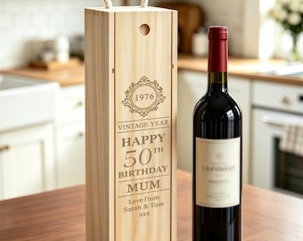 Personalised Birthday Wine Box Custom Wooden Gift Box Vintage Year Birthday Keepsake Champagne Gift Engraved Wood Box 50th 60th Keepsake