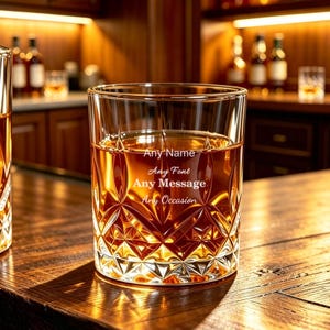 May include: A clear glass whiskey tumbler with a faceted geometric pattern on the exterior. The glass features etched text that reads: Any Name, Any Font, Any Message, Any Occasion. The glass is filled with an amber-coloured liquid.