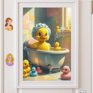 Cute Duckling in Bathtub – Funny Rubber Duck Bathroom Poster | Printable Animal Wall Art A3 A4 A5 300 DPI