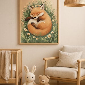Sleeping Baby Fox Nursery Print – Woodland Animal Wall Art – Japandi Style Digital Download for Neutral Kids Room Decor