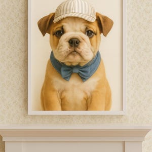 Benny the Bulldog Pup with Baseball Cap and Denim Bow, Nursery Wall Art, Baby Animal Print, Digital Download in 5 Sizes