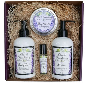 Caja de regalo de lilas y grosellas / Perfume, loción, gel de baño, vela / Productos de tamaño completo en caja con lazo y tarjeta / Yennefer la hechicera
