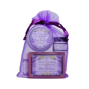 Lilac & Gooseberry Gift Bag | Soy Candle Tin, Lip Balm, Soap and Cream | Yennefer Scent of a Sorceress, Bella Des Natural Beauty