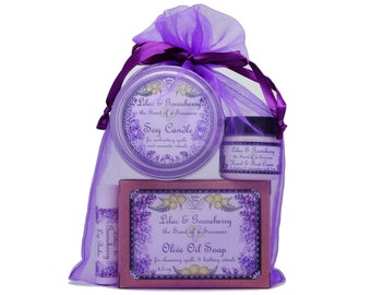 Lilac & Gooseberry Gift Bag | Soy Candle Tin, Lip Balm, Soap and Cream | Yennefer Scent of a Sorceress, Bella Des Natural Beauty