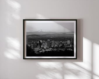 PortlandOregon Skyline Druck | Schwarz-weiße Mount Hood Wandkunst | Minimalistische Stadtlandschaft Fotografie