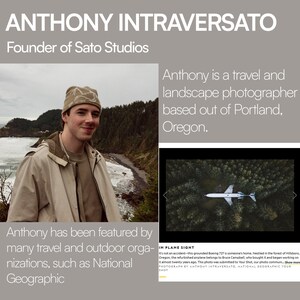 K&ouml;nnte beinhalten: Bild mit Anthony Intraversato, Gr&uuml;nder von Sato Studios, mit Text, der ihn als Reise- und Landschaftsfotografen mit Sitz in Portland, Oregon, beschreibt. Enth&auml;lt ein Foto einer Boeing 727 in einem Wald und erw&auml;hnt National Geographic.