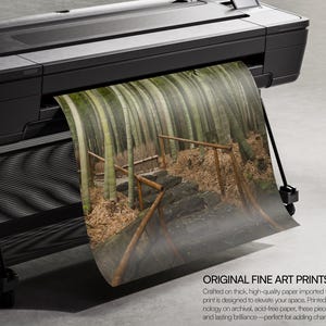 K&ouml;nnte beinhalten: Ein Gro&szlig;formatdrucker, der einen Kunstdruck erstellt. Der Druck zeigt eine Bambuswaldszene mit einer Holzbr&uuml;cke. Der Text "ORIGINAL FINE ART PRINTS" ist sichtbar, zusammen mit beschreibendem Text.