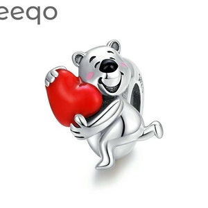 925 Sterling Silver Charms, Fit Pandora Charms, Polar Bear with Red Enamel Heart Bead, Charms for Bracelet, Charms for Pandora Bracelet