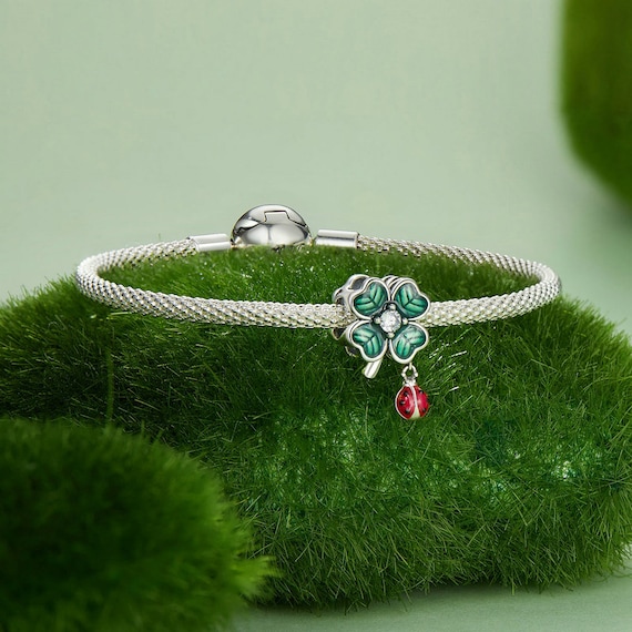 Ciondolo a forma di coccinella, S925 Charms Crystal Benedizione Rosa Perle Ciondolo con Perline Stopper per Bracciale e Collana