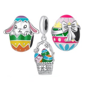 Bunt Osterei mit Schleife Charm, Osterkaninchen Charms, passend für Pandora Charms Armband, 925 Sterling Silber Charms