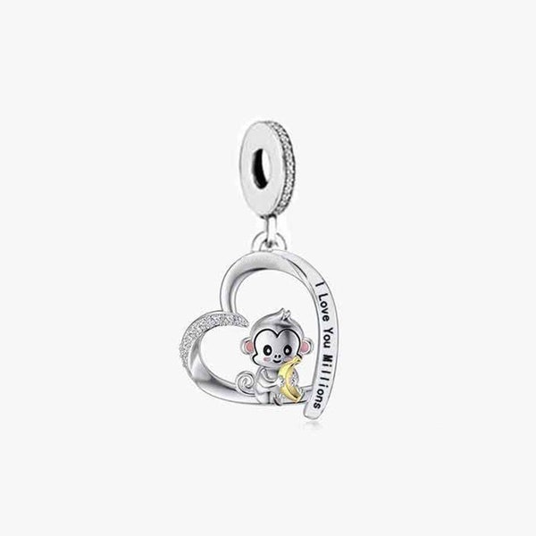 Monkey Holding Banana Charm, I Love You Millions Charm, Fit Pandora Charms, 925 Sterling Silver Charms, Charms for Pandora Bracelet