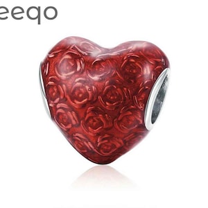 Charms for Bracelet, Red Rose Flower Love Heart Charm, Charms for Pandora Bracelet, 925 Sterling Silver Charms, Fit Pandora Charms