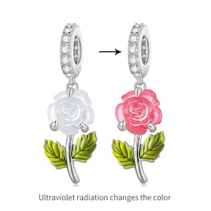 Color Changeable Rose Flower Pendant Charm, 925 Sterling Silver Charms, Charms for Pandora Bracelet, Fit Pandora Charms