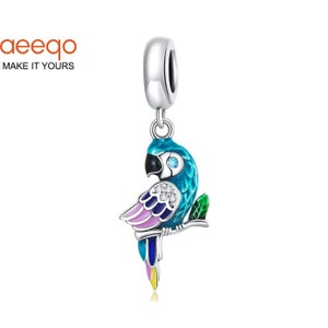 aeeqo 925 Sterling Silver Charms, Charms for Pandora Bracelet, Fit Pandora Charms, Vivid Bright Parrot Dainty Bird Pendant Charm