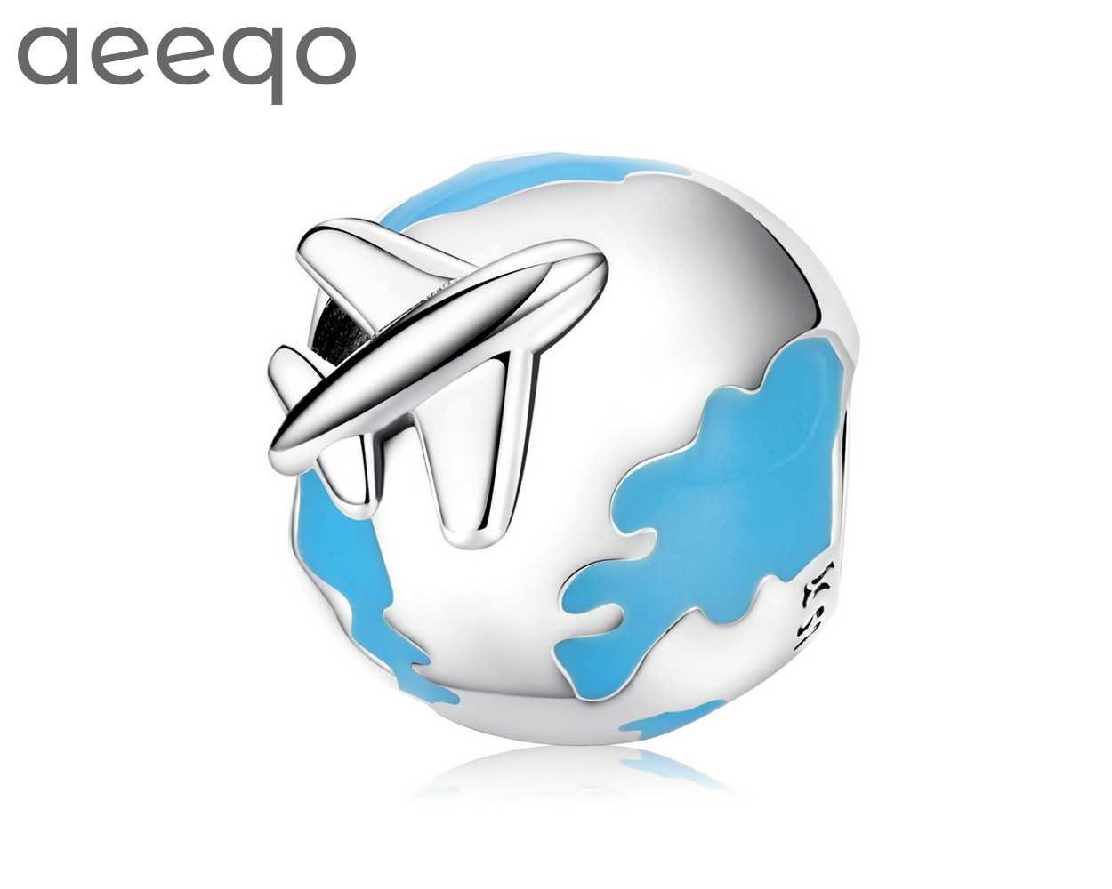 925 Sterling Silver Charms, Travel Round The World Plane Blue Earth, Charms for Pandora Bracelet, Charms for Bracelet, Fit Pandora Charms