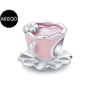Pink Flower Teacup Charm, For Pandora Charm Bracelet, 925 Sterling Silver Charms, Fit Pandora Charms, Charms for Pandora Bracelet