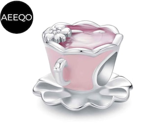 MEETCCY 925 Sterling Silver Coffee Cup Charm With Pink Crystal & Pearl – For Bracelets, DIY Jewelry