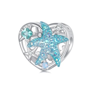 Blue Sparkling Starfish Ocean Openwork Heart Charm, 925 Sterling Silver Charms, Fit Pandora Charms, Charms for Pandora Bracelet