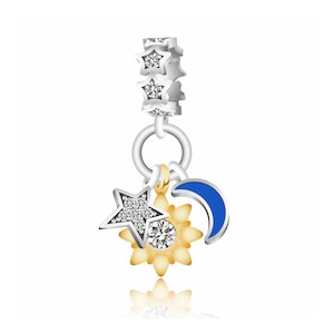 Moon Sun Star Zircon Dangle Charm , For Pandora Charm Bracelet, Charms for Pandora Bracelet, Fit Pandora Charms, 925 Sterling Silver Charms