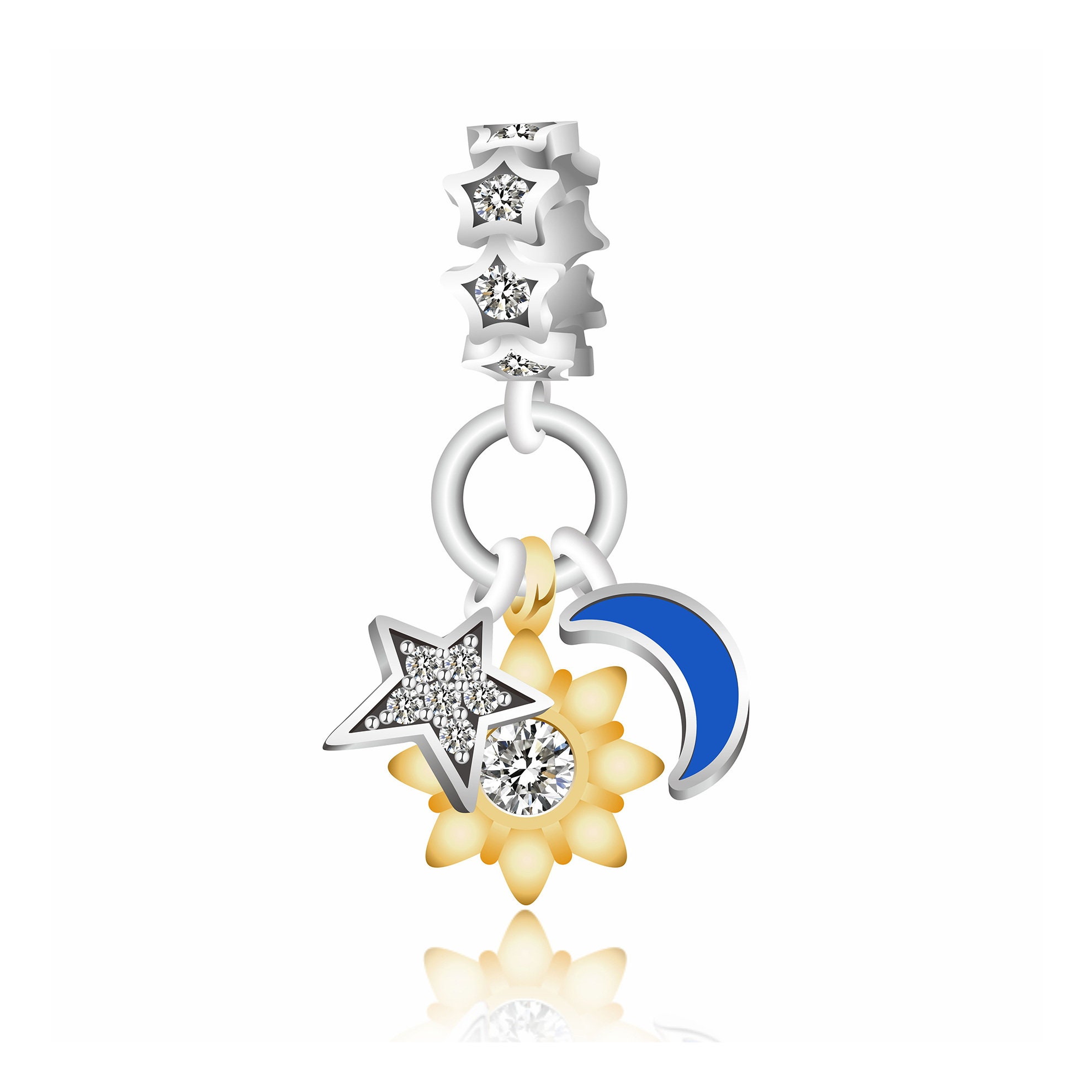 月、太陽、星、ジルコンのダングルチャーム、パンドラチャーム