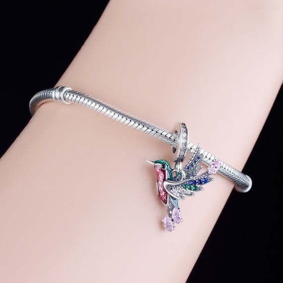 Gnoce Sterling Silver Hummingbird & Flower Charm – Fits Pandora Bracelets, 925 Silver, Cubic Zirconia, Gift For Women